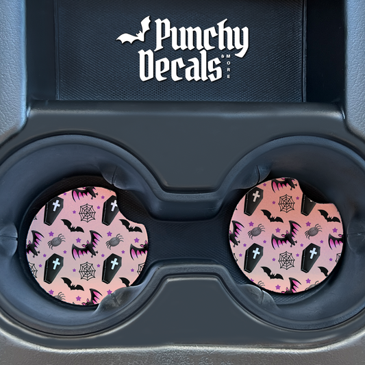 Cute Spooky Bats & Coffins Car Coasters (set of 2)
