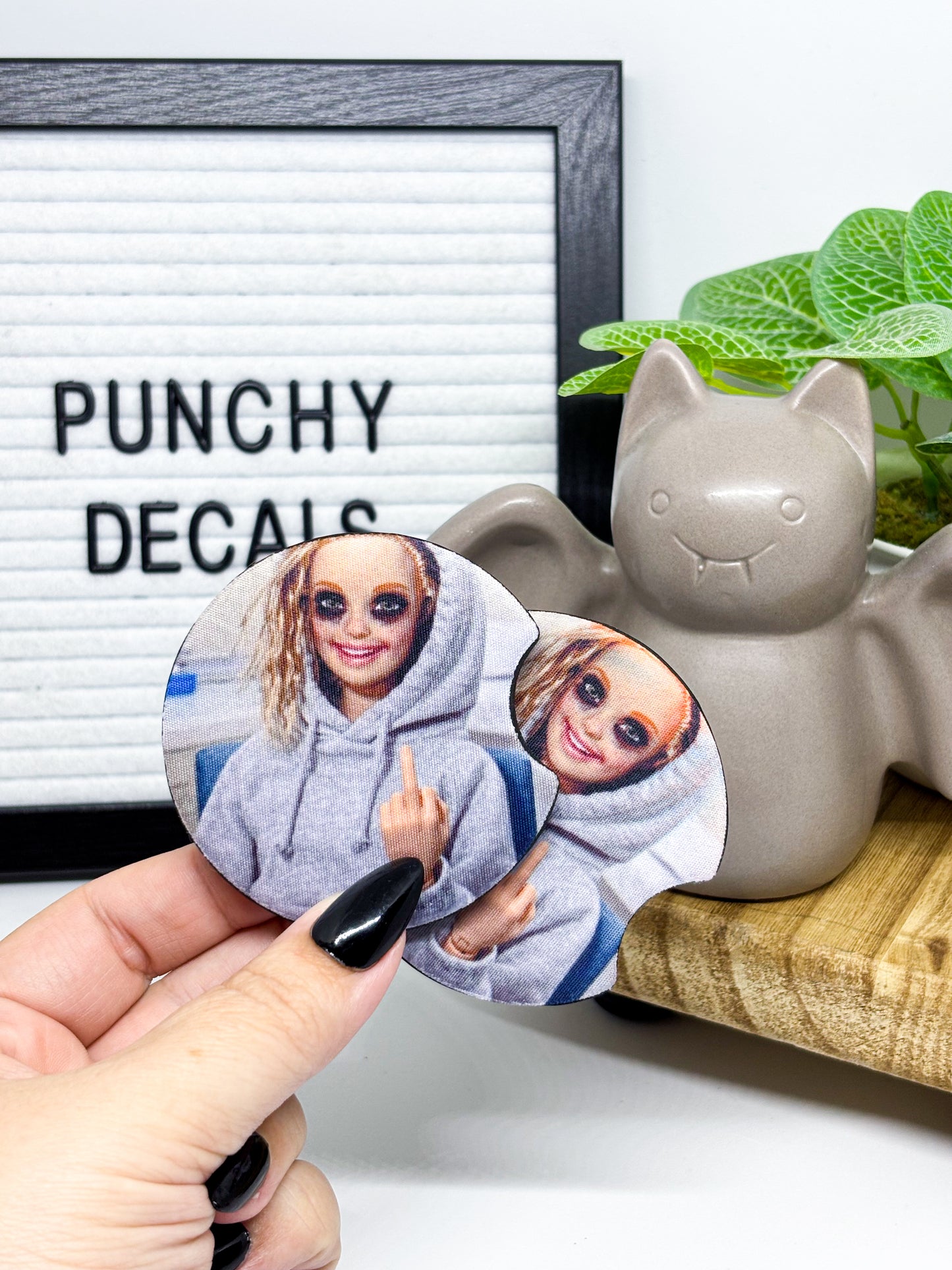 Funny Doll Face Meme Car Coasters (set of 2)