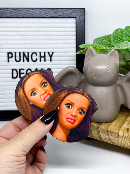 Funny Doll Face Meme Car Coasters (set of 2)