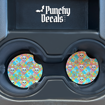 Colorful Skullys Car Coaster (set of 2)