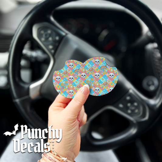 Colorful Skullys Car Coaster (set of 2)