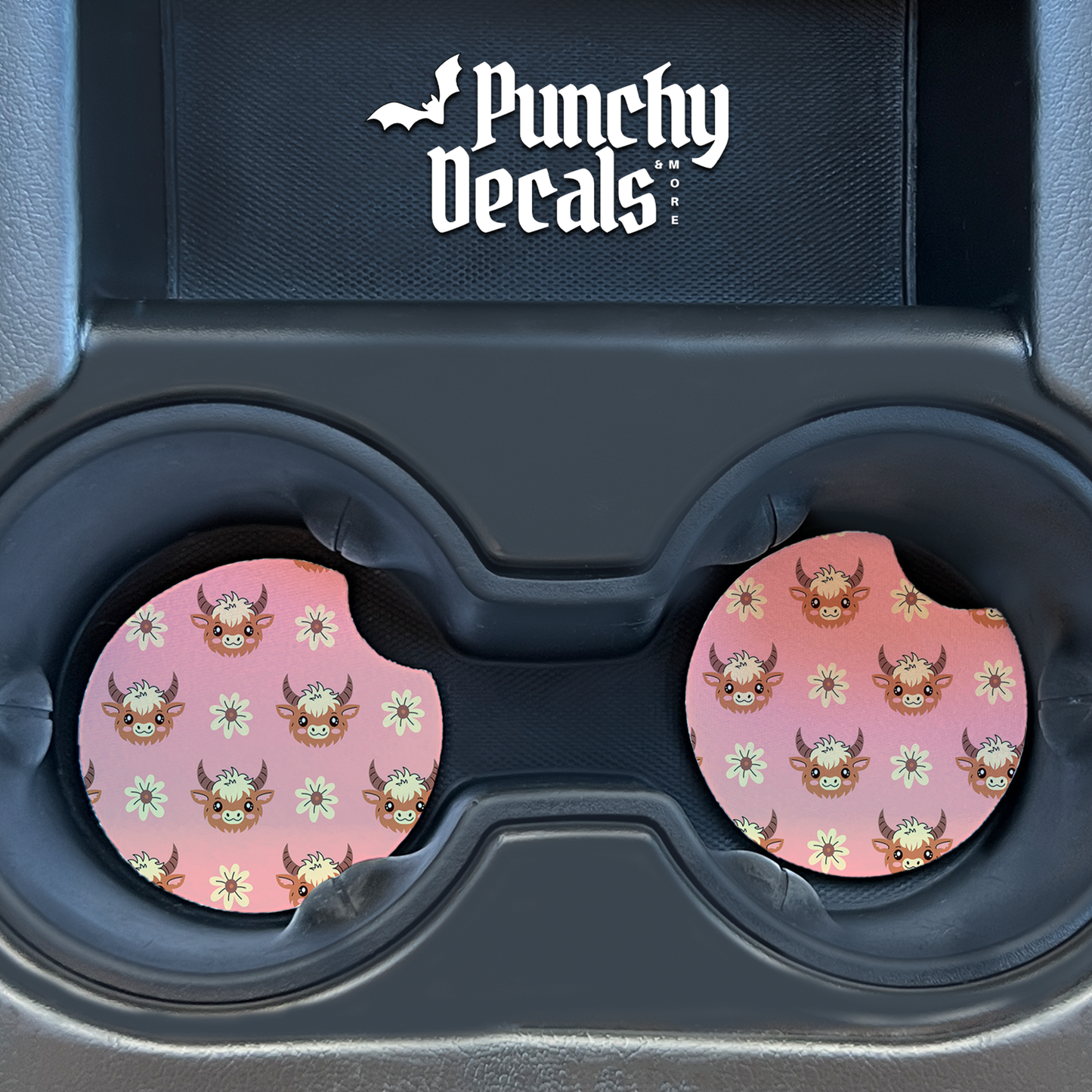 Cute Highland Diasy Cow Car Coasters (set of 2)