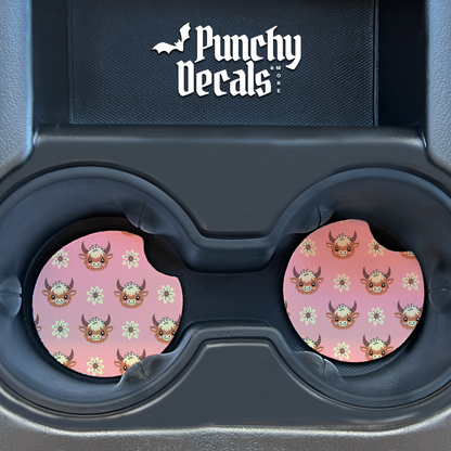 Cute Highland Diasy Cow Car Coasters (set of 2)