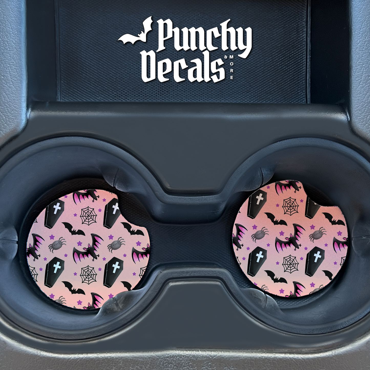 Cute Spooky Bats & Coffins Car Coasters (set of 2)