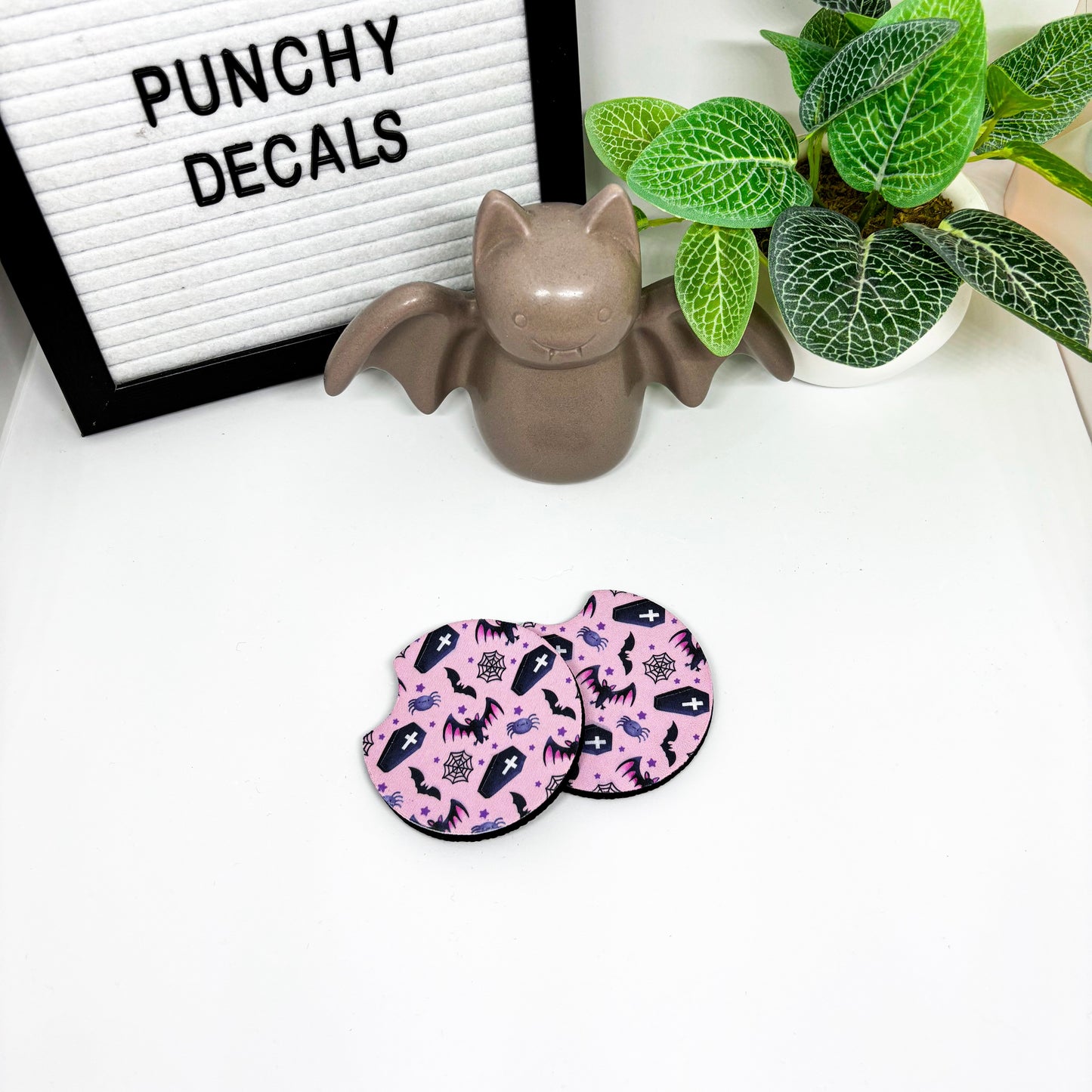 Cute Spooky Bats & Coffins Car Coasters (set of 2)