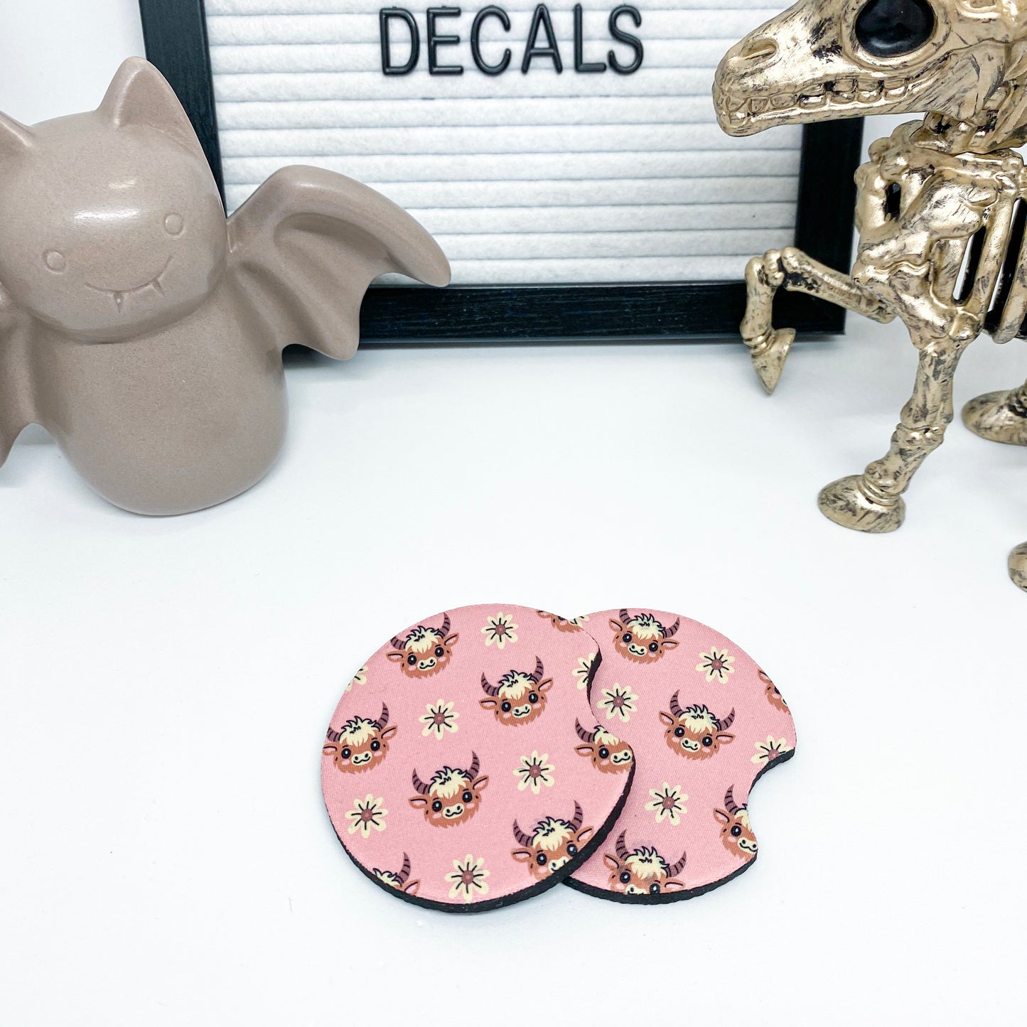 Cute Highland Diasy Cow Car Coasters (set of 2)