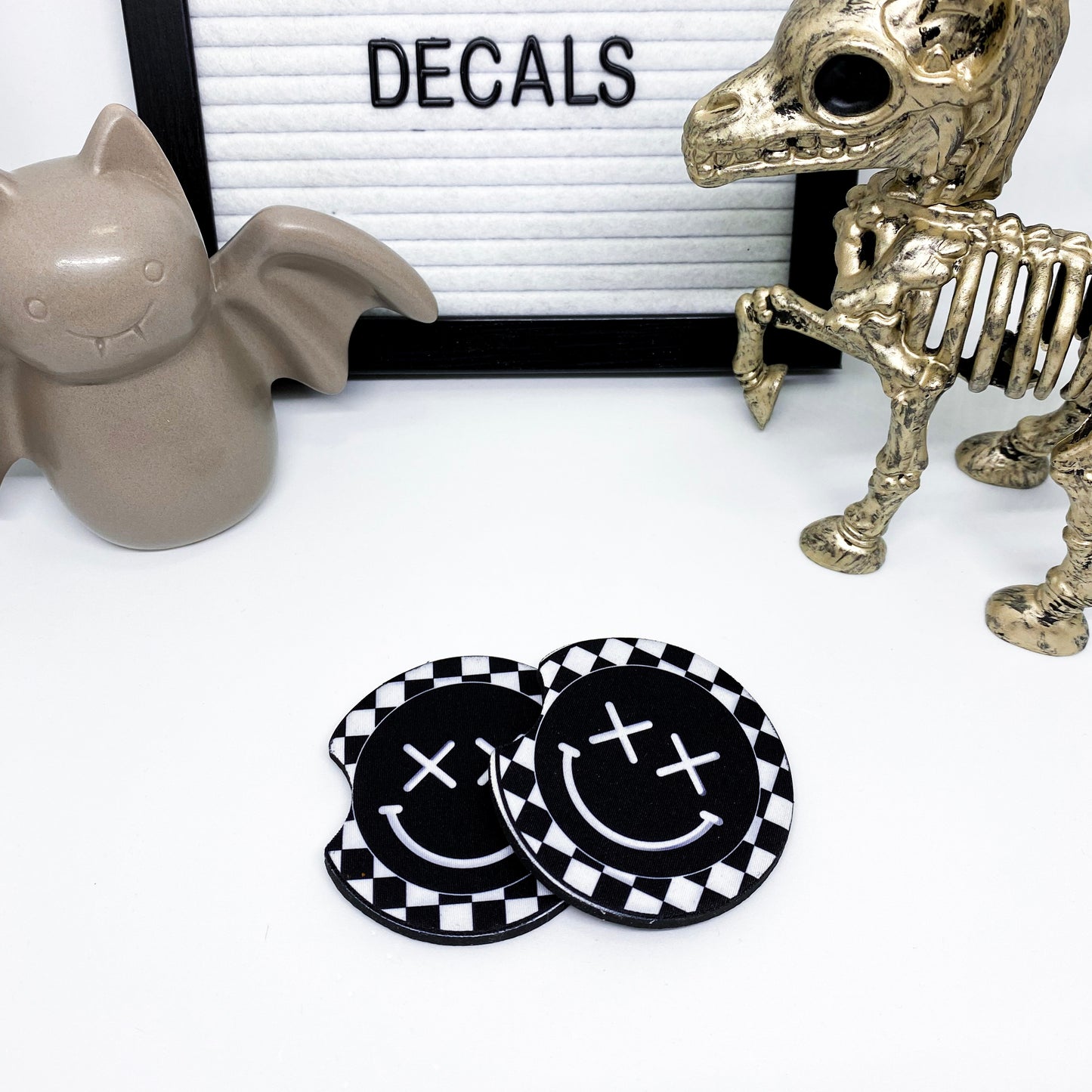 Checkered Smiley Face Car Coasters (set of 2)