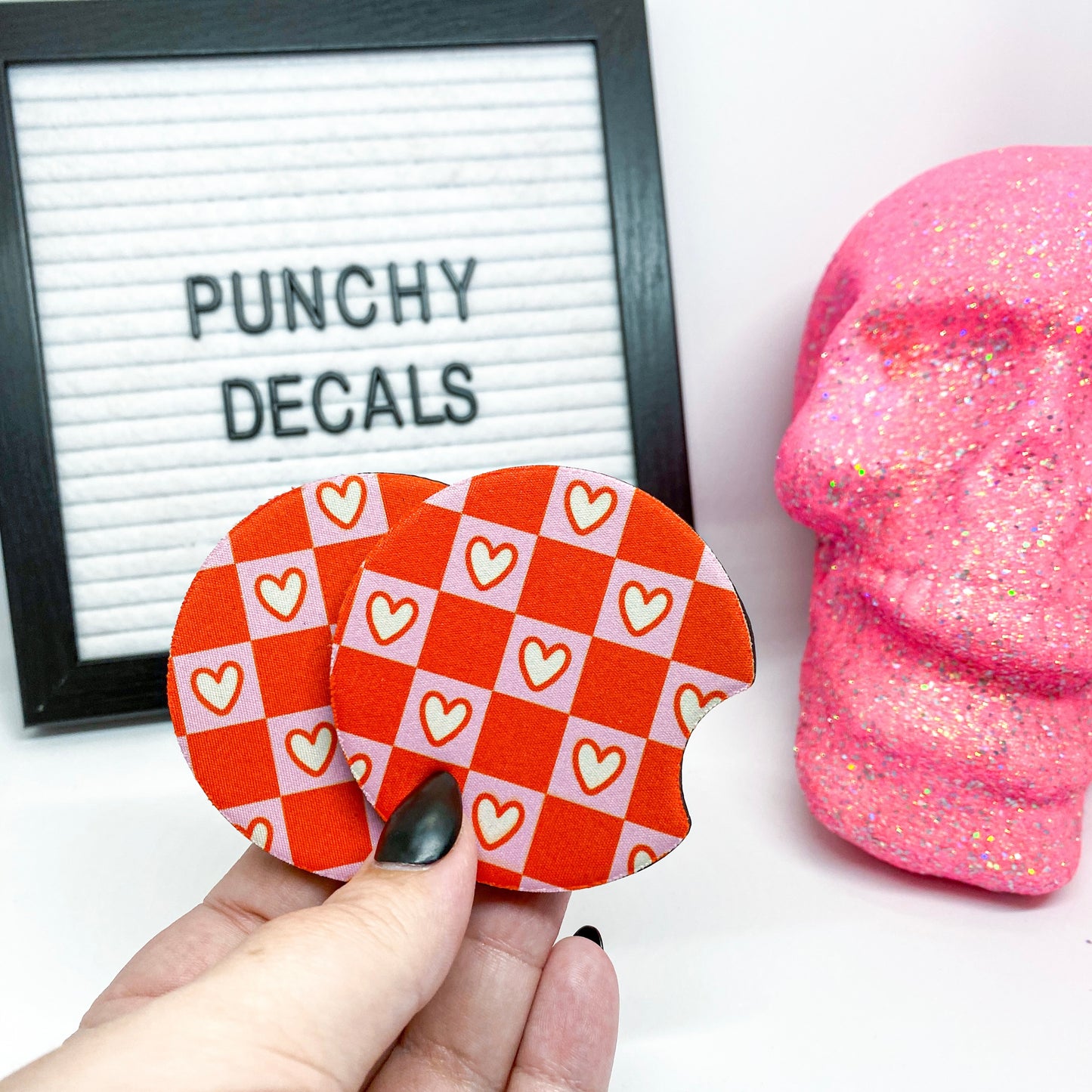 Cute Hearts and Gingham Car Coasters (set of 2)