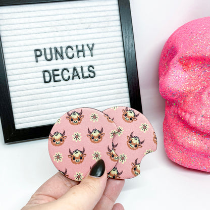 Cute Highland Diasy Cow Car Coasters (set of 2)