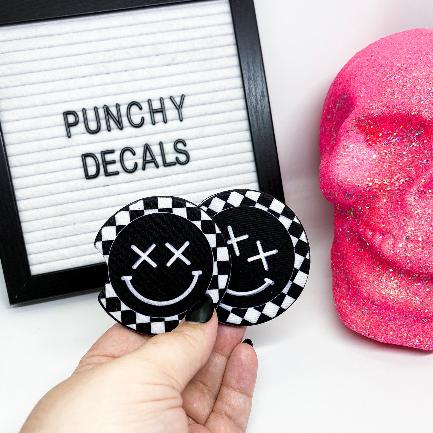 Checkered Smiley Face Car Coasters (set of 2)