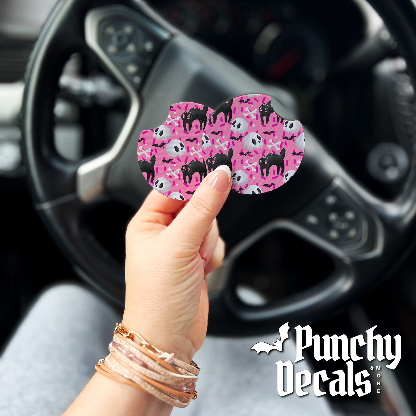 Skully and Kitties Car Coasters (set of 2)