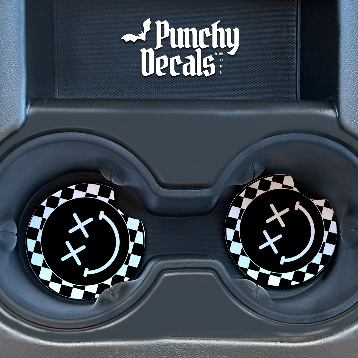 Checkered Smiley Face Car Coasters (set of 2)