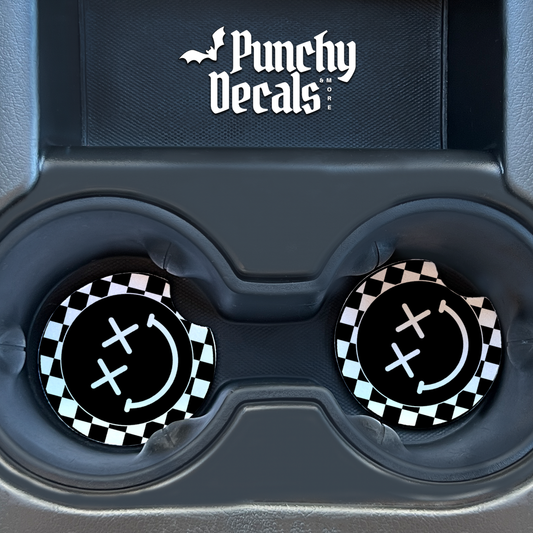 Checkered Smiley Face Car Coasters (set of 2)