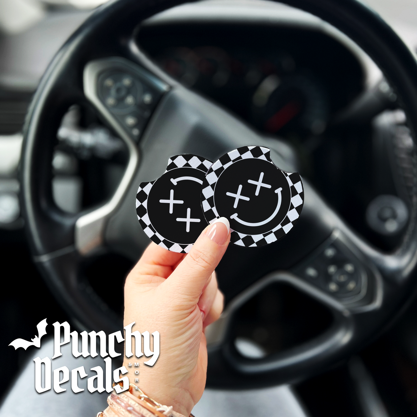 Checkered Smiley Face Car Coasters (set of 2)