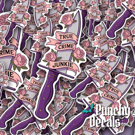 True Crime Junkie Knife Sticker